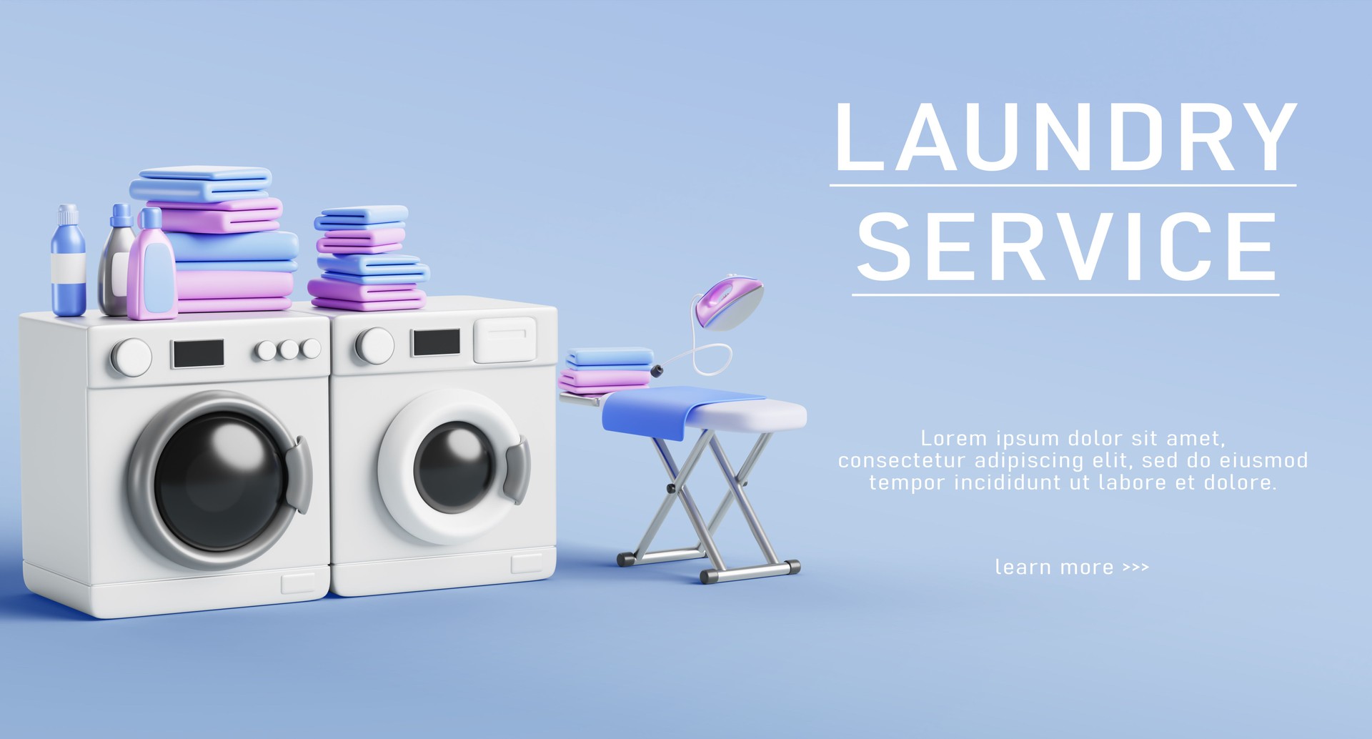 Laundry service advertising banner with washer and dryer, detergents in bottles, ironing board, iron and clean fold clothes stacks. Render poster of public launderette room, washhouse