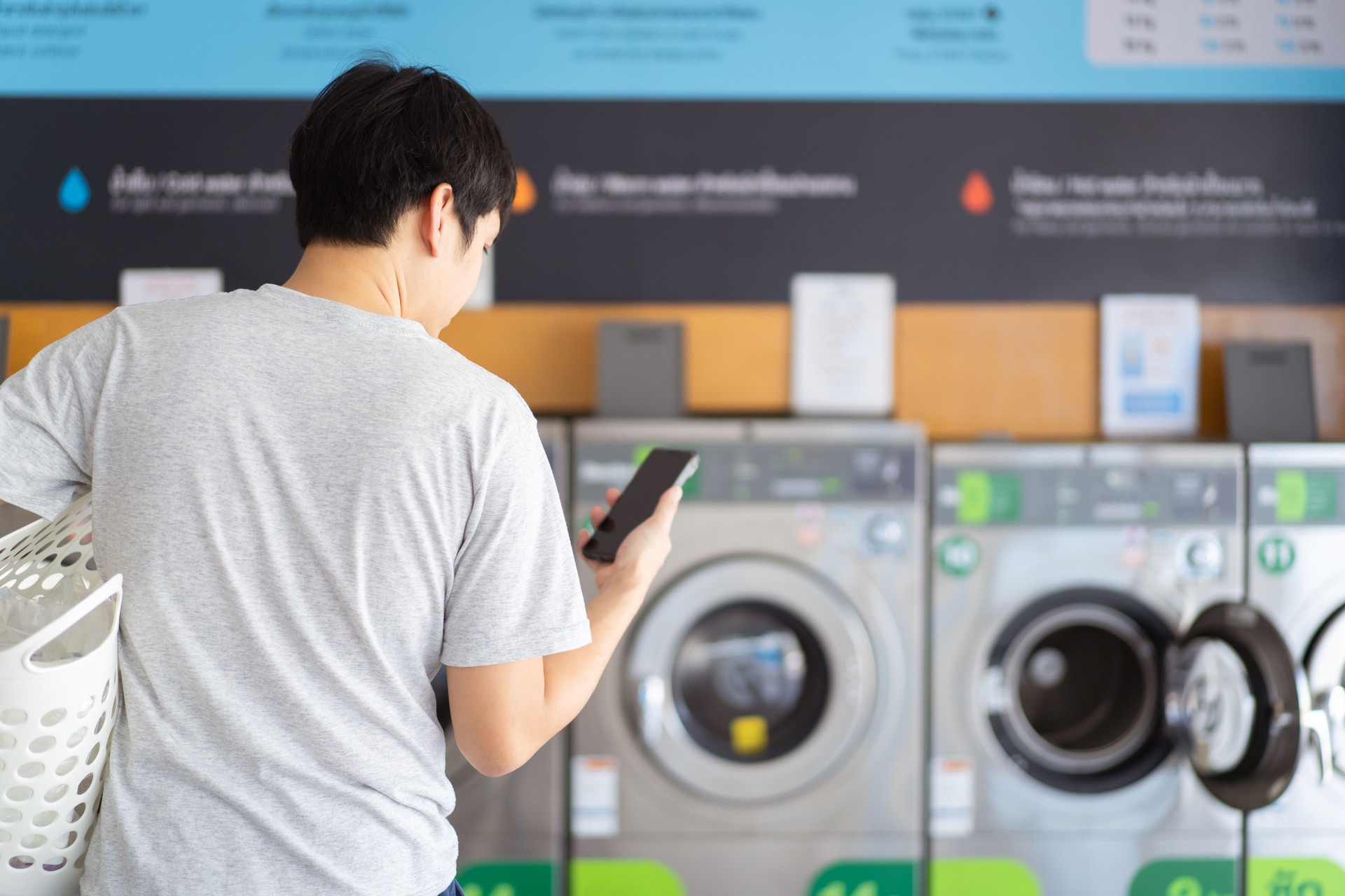 Man using automatic washing machine.